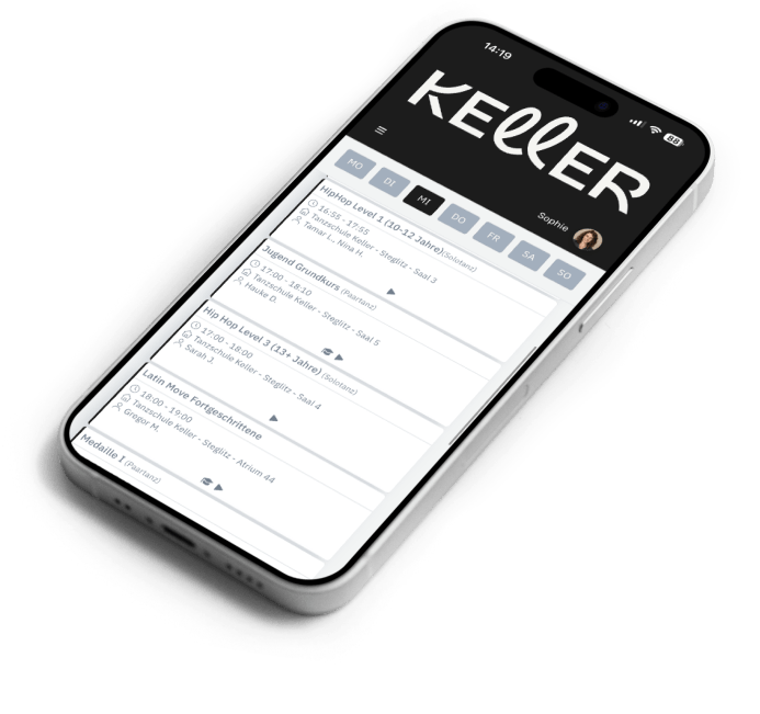 Smartphone mit Keller Dance App zur Buchung von Tanzkursen und Community-Angeboten
